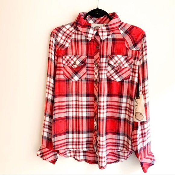 Ash & Ember Avalon Houston Fitted Plaid Flannel Shirt Red Size Small - Picture 2 of 15